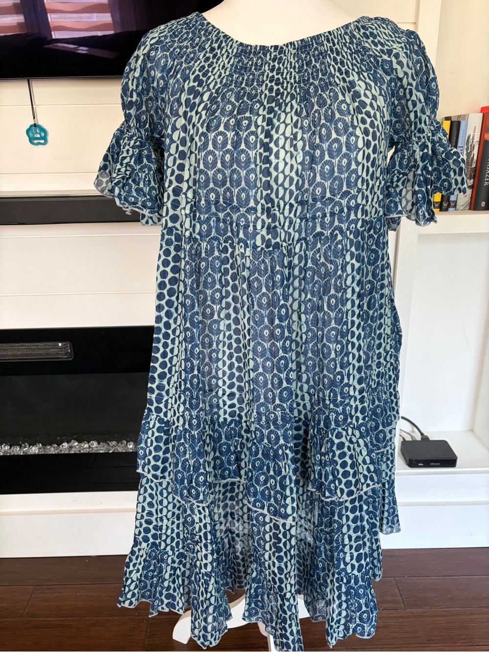 Vintage Ibiza Blue and White Smocked Sheer Dress